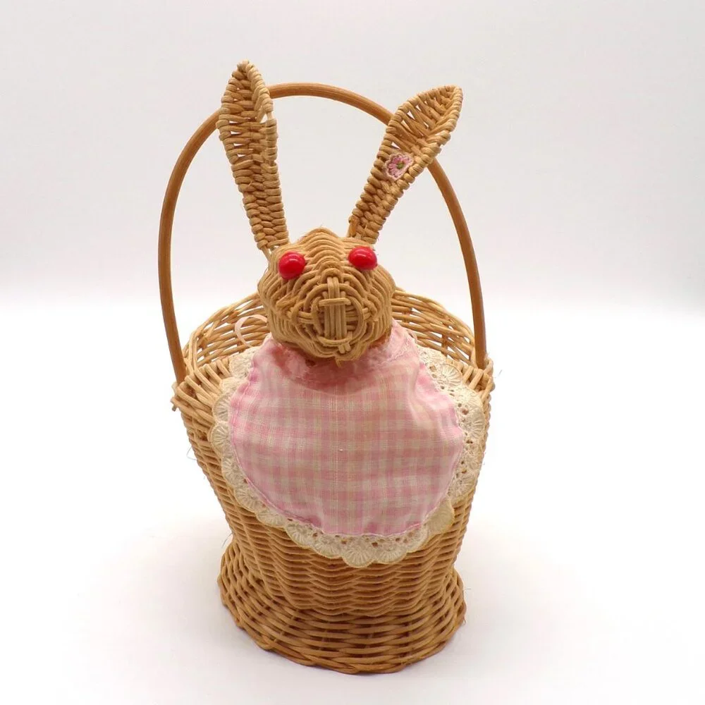 VTG Bunny Rabbit Basket Apron Wicker Woven Cottagecore Kitchen Decor Tabletop